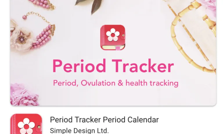 Screenshot of Period Tracker by Simple Design's listing in the Google app store it has a 4.9 star rating
