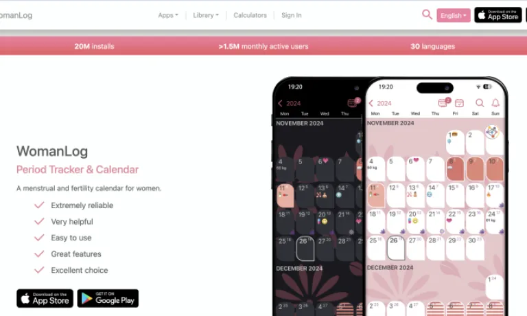 WomanLog's website advertising the period tracker, it claims 20mn downloads and >1.5mn montly users