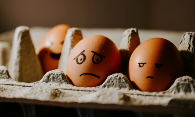 Two eggs in a crate with faces drawn on them, one clearly bad and other mildly embarassed