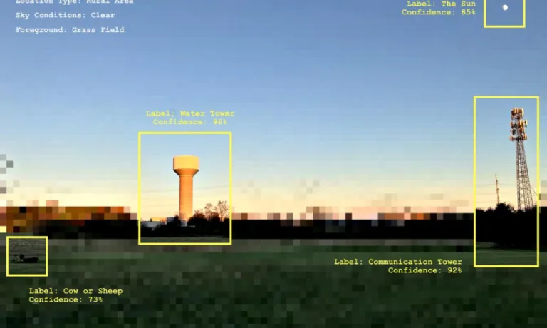 The image features a pixelated landscape with a stretch of grass. There is a water tower in the middle and a communication tower to the right. The image also features a small sun in teh sky and a cow/sheep. These features are all outlined in yellow boxes with percentages indicating the image recognition confidence.