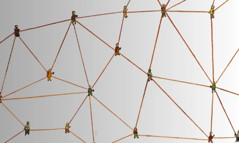 Several small cartoon representations of people are linked by brown handdrawn lines representing a network.