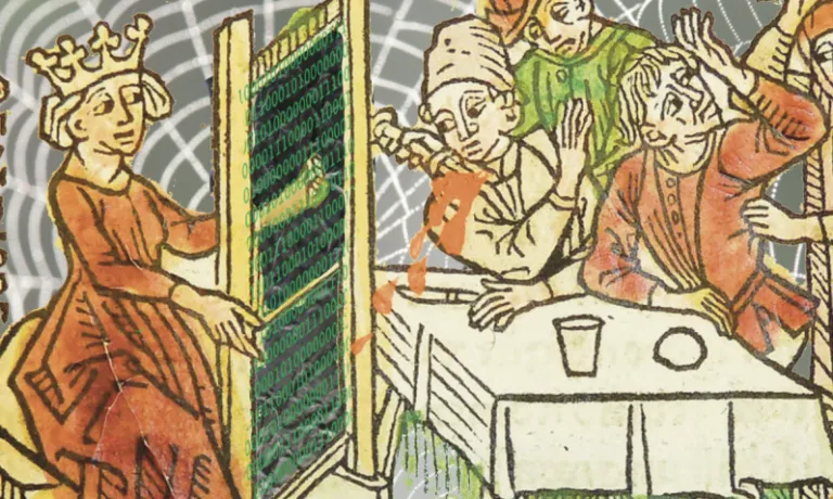 An archival image of a medieval dinner scene. On one side, there is a Penelope (from Greek mythology) weaving, but instead of thread, it is a board of binary code. On the other side, there is a a drink spilling and other figures looking distressed/chaotic.