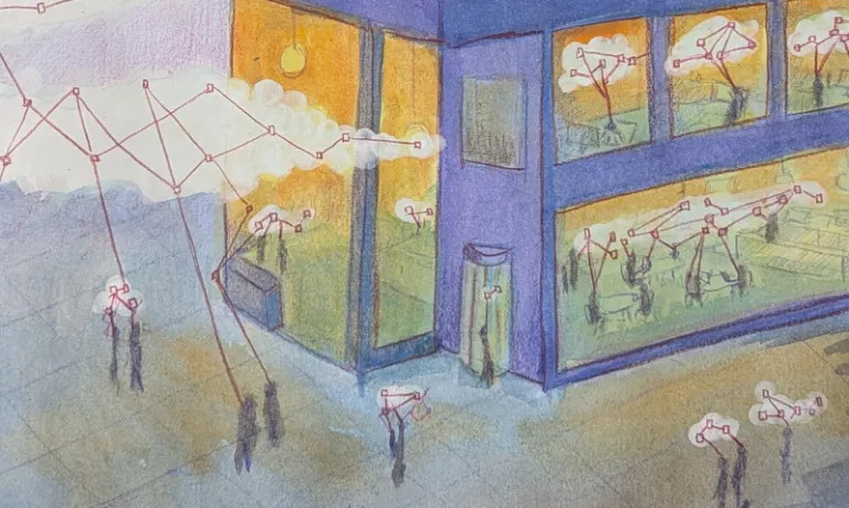 An impressionistic drawing of the exterior of a building. There are clouds of network connections all around the building and inside.