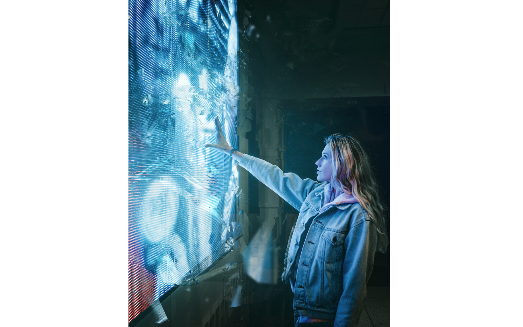 Woman touching a digital wall