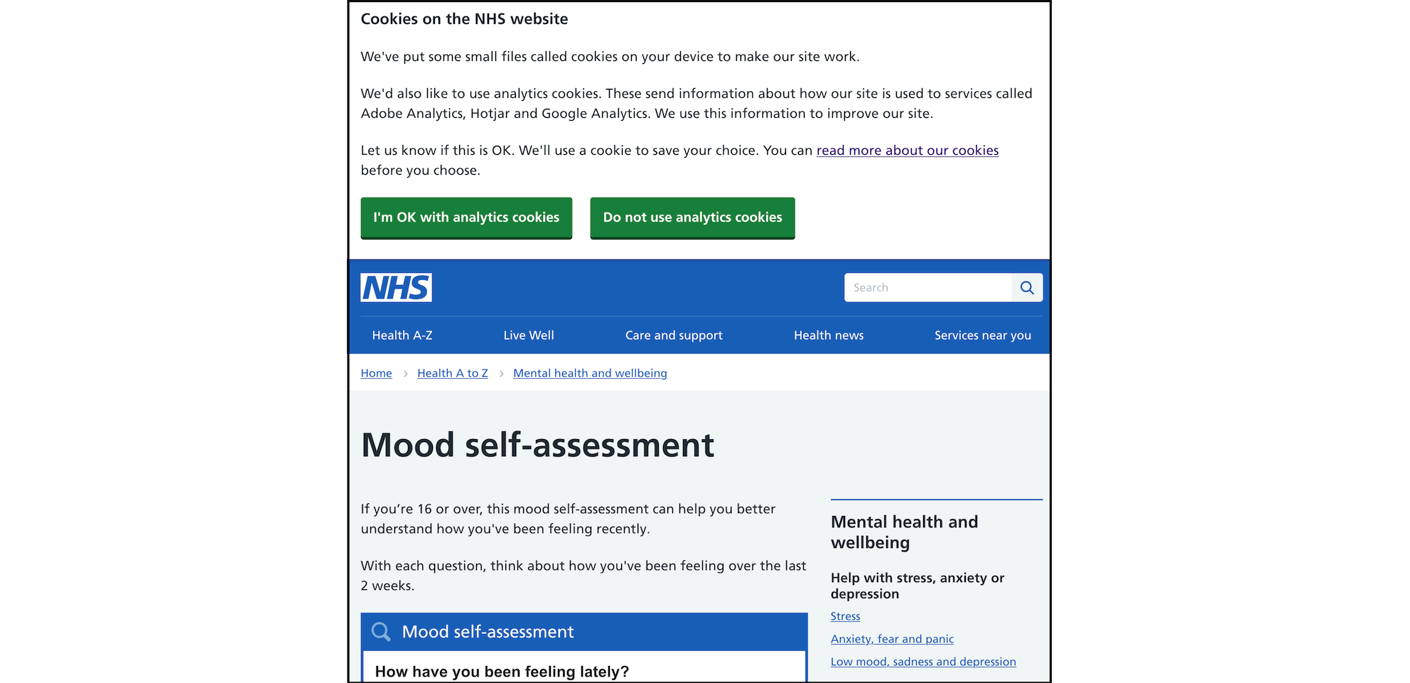 Screenshot of NHS depression test page