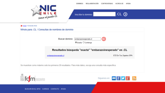 Screenshot apparently showing that the Chilean Embarazo Inesperado domain was registered by the marketing company ETZ En Tus Zapatos SPA was provided to PI by Paz Peña.