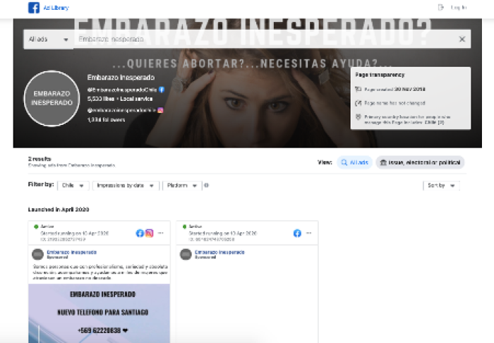 Example 5: Ads being run [accessed April 2020] by Embarazo Inesperado in Chile. Very little information is made available by Facebook about who is behind the page.