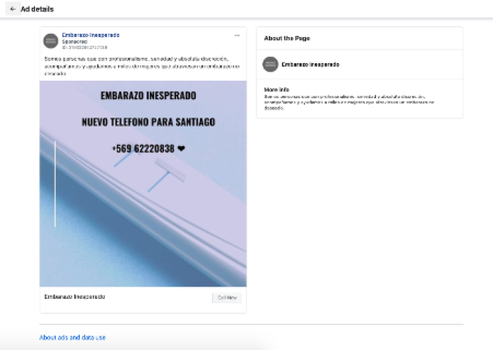 This ad screenshot shows how little information Facebook makes available about who is being targeted with the ad and who is behind the Facebook page.