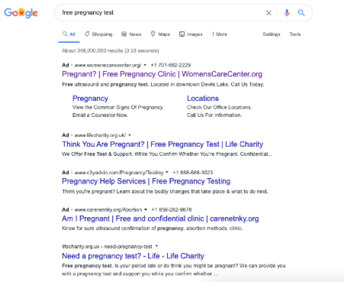All of these ads link to crisis pregnancy centres. The UK’s Life Charity does not promote or refer for abortion. 