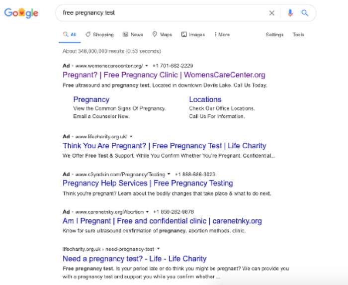 All of these ads link to crisis pregnancy centres. The UK’s Life Charity does not promote or refer for abortion.