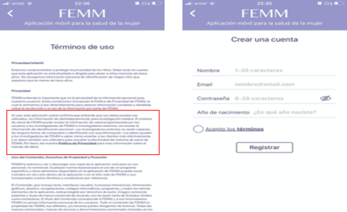 FEMM Terms of Use for the app downloaded in Chile – provided to PI by Paz Peña.