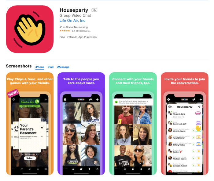 Houseparty page on the AppStore with screenshots of the app