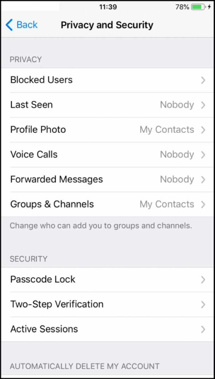 2. You are able to make private information about your activity on the app, as well as control settings of who can add you to groups and channels. Here is how the most locked down settings look in this section.