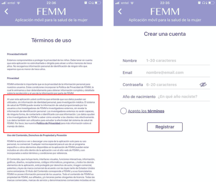 Screenshot of FEMM App terms of use