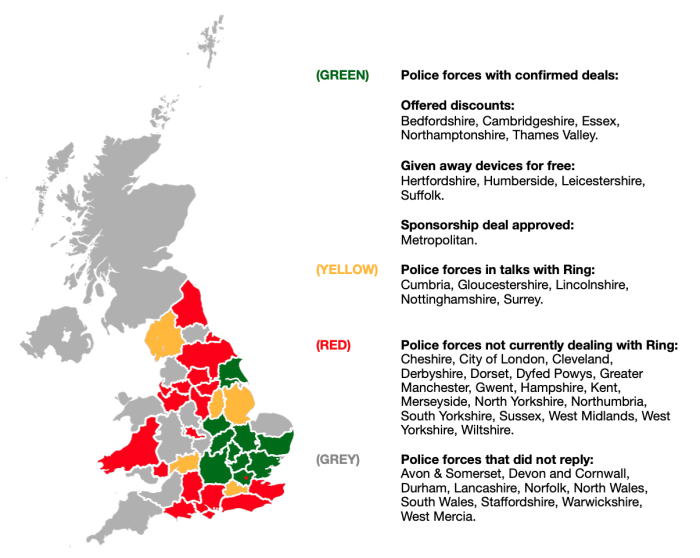 Current partnerships between English and Welsh police forces and Ring. This map was created based on the information gathered through FOI requests by the Sunday Times in 2019.