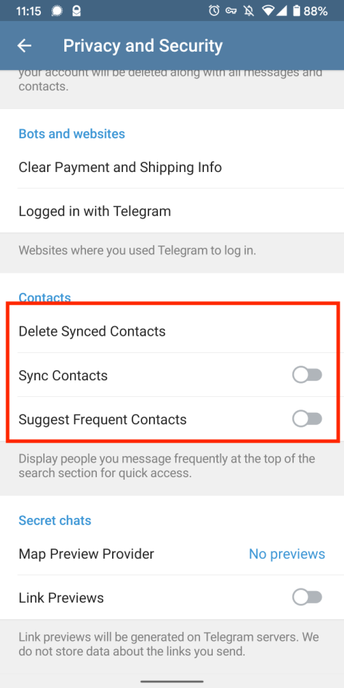 Telegram contact syncing