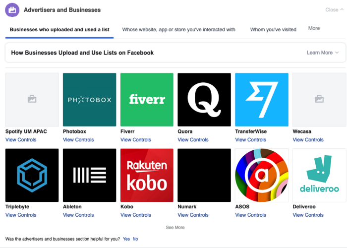 Facebook page showing users the advertisers that have uploaded their information them (after redesign, January 2020)