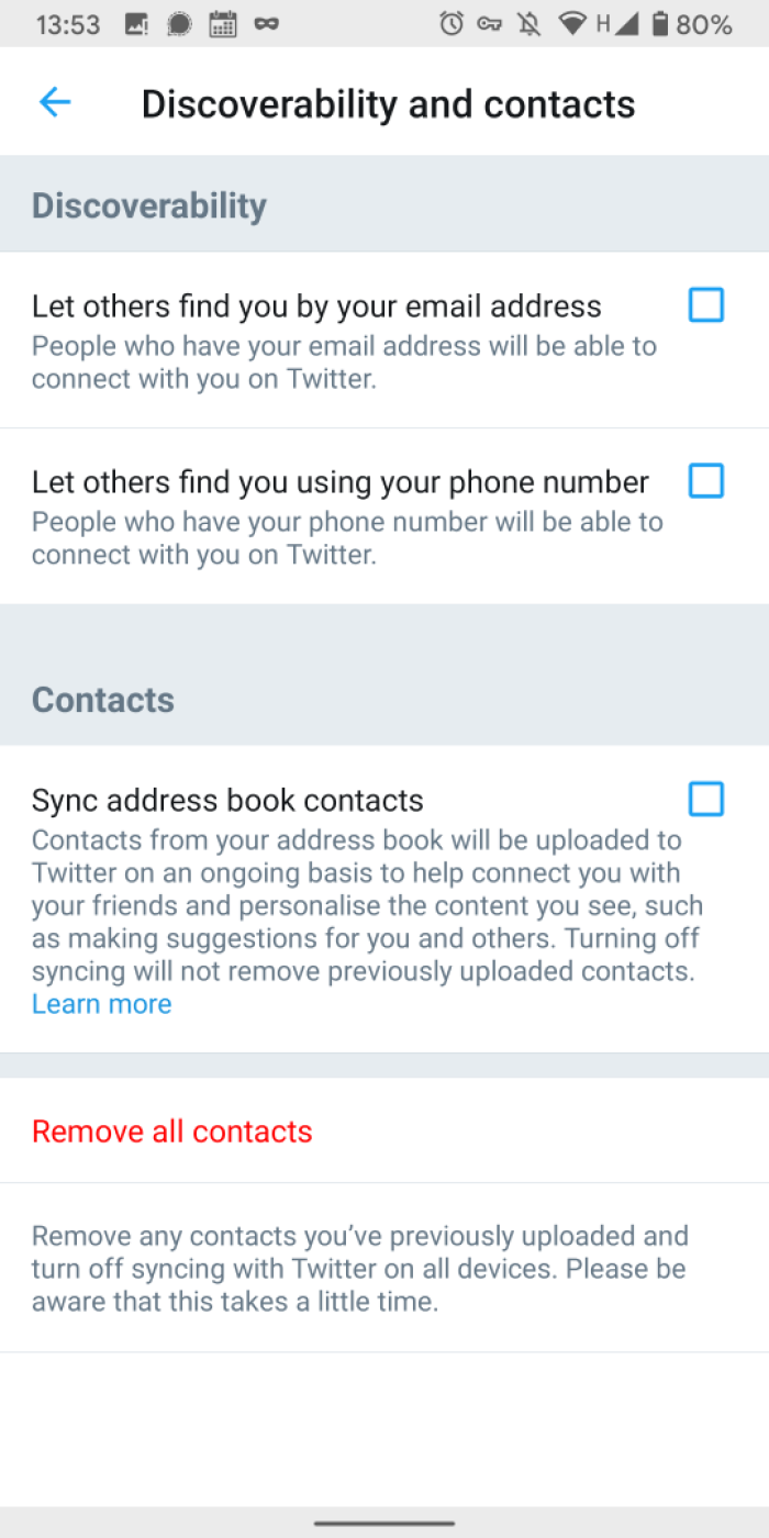Discoverability app settings: untick everything