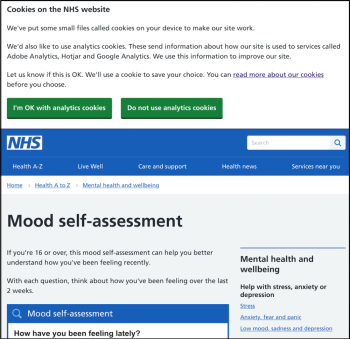 A screnshot of the NHS' mood assessment page