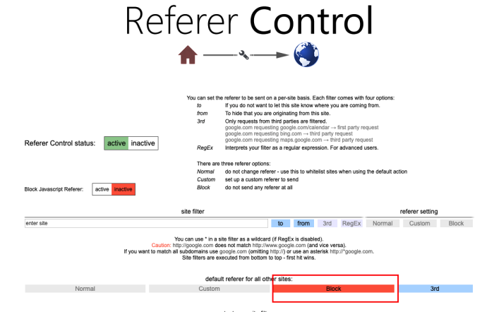 Referer Control settings to block