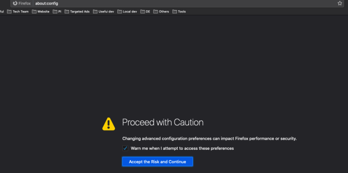 Firefox about:config pages requires you to accept the risk before making any change