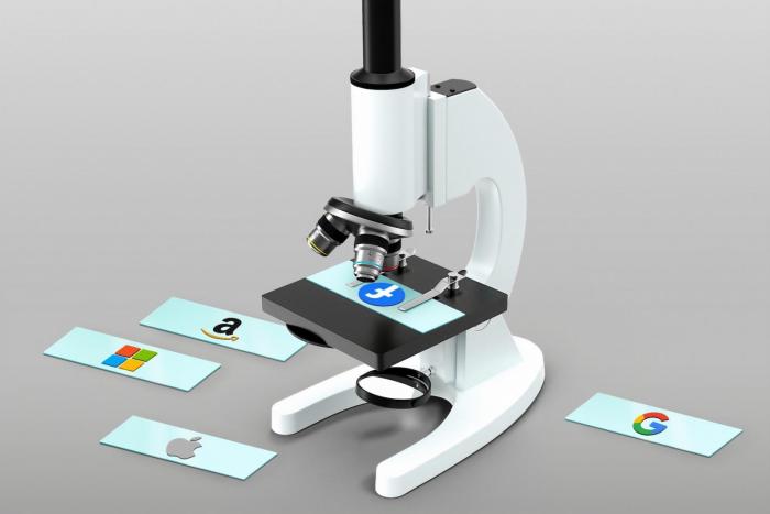 Microscope looking at cards with the logo of Google, Apple, Facebook, Amazon and Microsoft