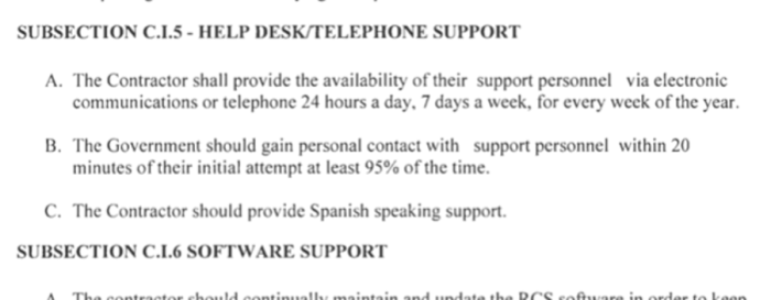 Screenshot from the DEA Statement of Work, mentioning “Spanish speaking support”.