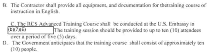Screenshot from the DEA Statement of Work, mentioning that the advanced training for the hacking solutions “shall be conducted at the U.S. Embassy in…”