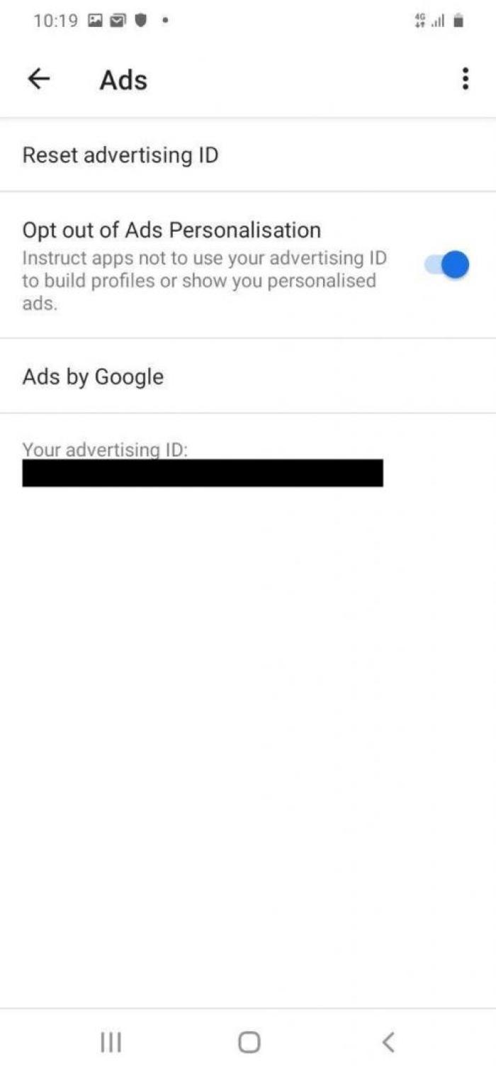Android setting screen for advertising ID  