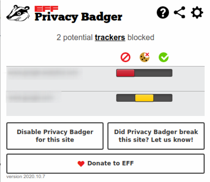 Fig. 4: Interfaz emergente de Privacy Badger