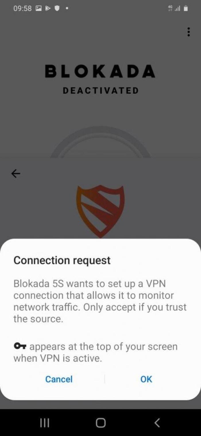 מסך אנדרואיד מבקש רשות ליצור VPN לבלוקדה