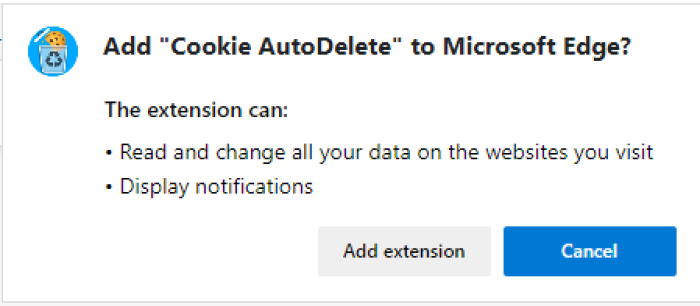 Prompt to Add Cookie AutoDelete to Edge