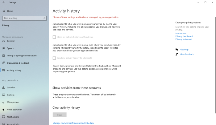 Fig. 3: Configuración del historial de actividad en Windows: Configuración > Privacidad > Historial de actividad > Enviar mi historial de actividad a Microsoft (Settings > Privacy > Activity history > Send my activity history to Microsoft)