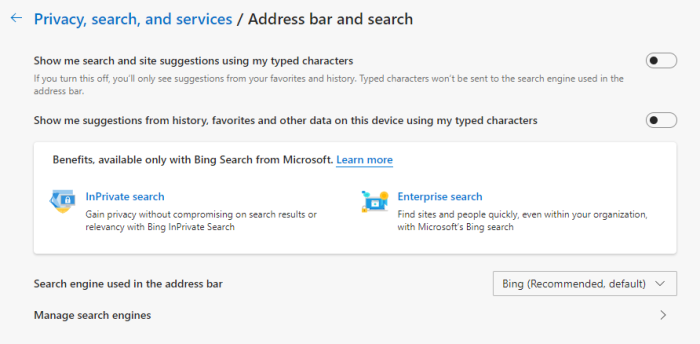 Address bar and search settings