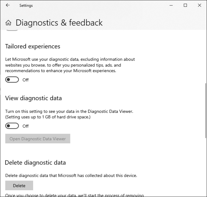 Fig. 2: Configuraciones de Diagnóstico en Windows: Configuración > Privacidad > Diagnóstico y retroalimentación > Experiencias personalizadas (Settings > Privacy > Diagnostics & Feedback > Tailored experiences)