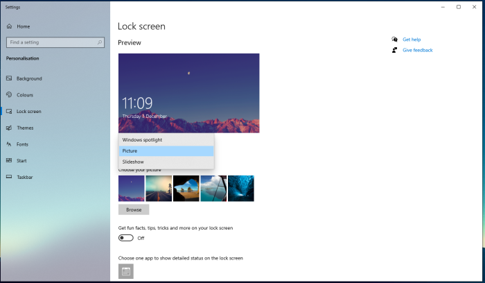 Fig. 4: Configuración de la pantalla de bloqueo en Windows: Configuración > Personalización > Pantalla de bloqueo > Fondo, y elige Imagen o Presentación (Settings > Personalization > Lock screen > Background, y elige Picture o Slideshow)