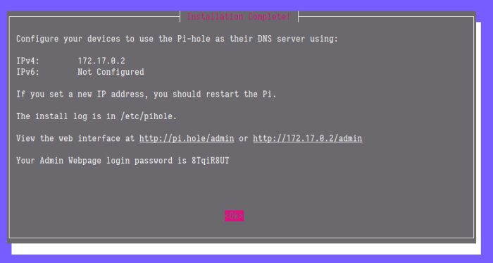 Fig. 9: Pi-hole installation summary