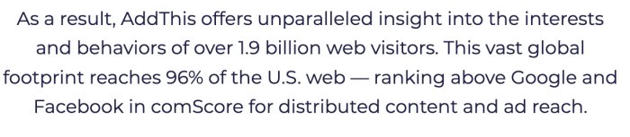 Screeshot of AddThis site stating they have insights on 1.9 billion web visitors