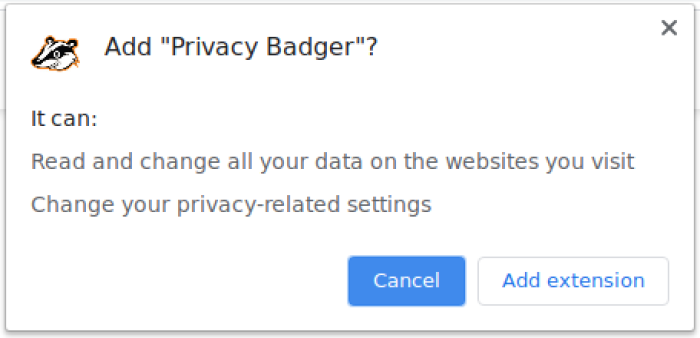 Fig. 2: Agregar Privacy Badger a Chrome: Agregar extensión (*Add extension*)
