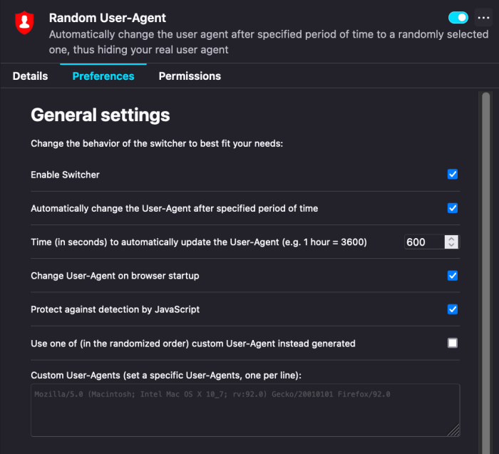 Random User Agent settings page