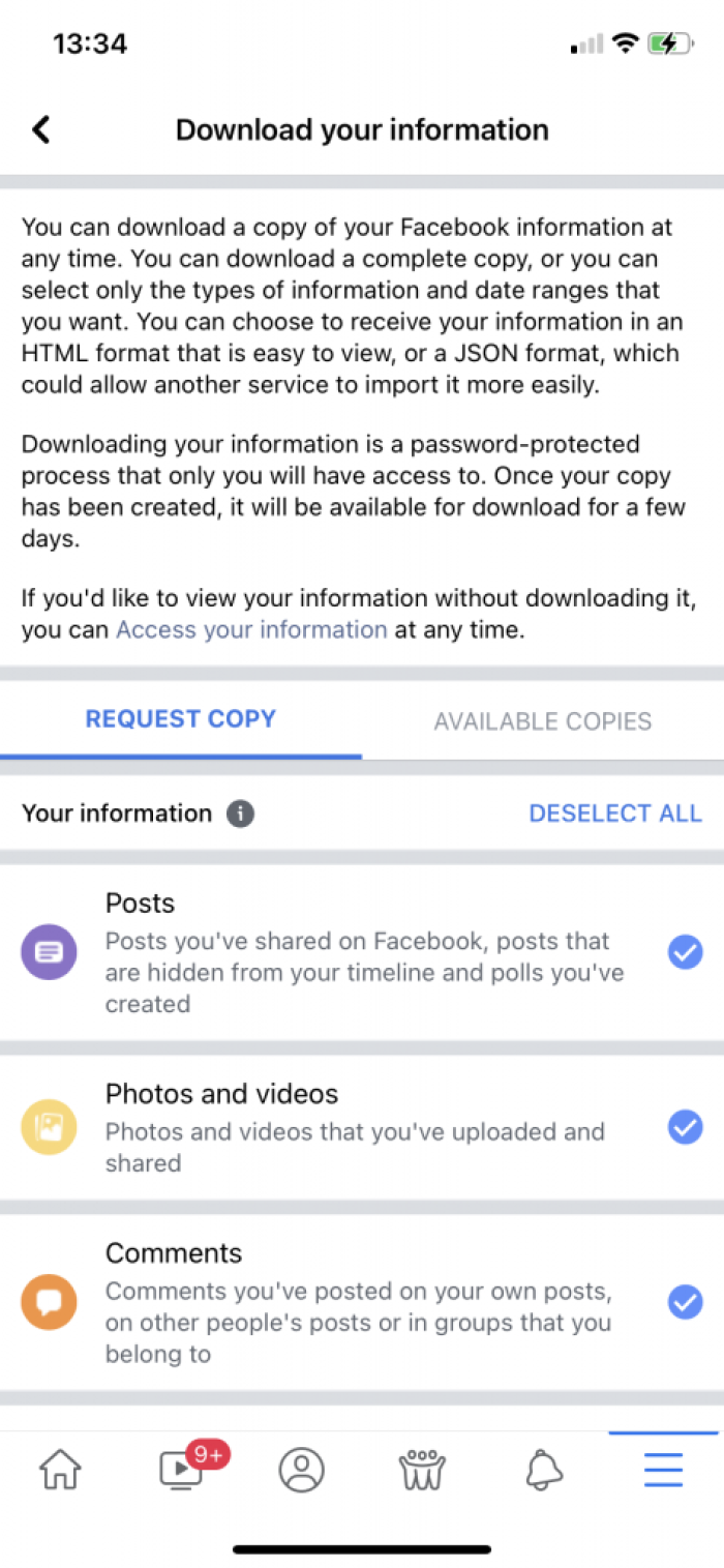 Download your information on Facebook screenshot