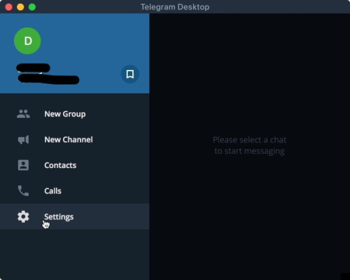 Image showing where to find settings in Telegram desktop