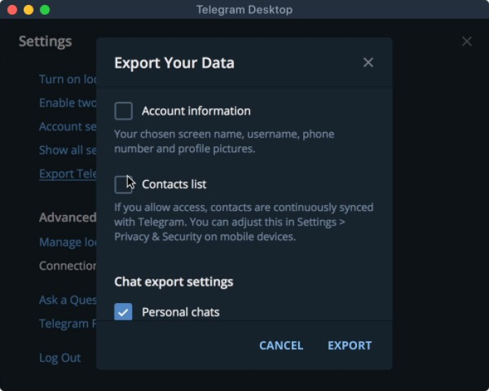 Image showing export data menu in Telegram
