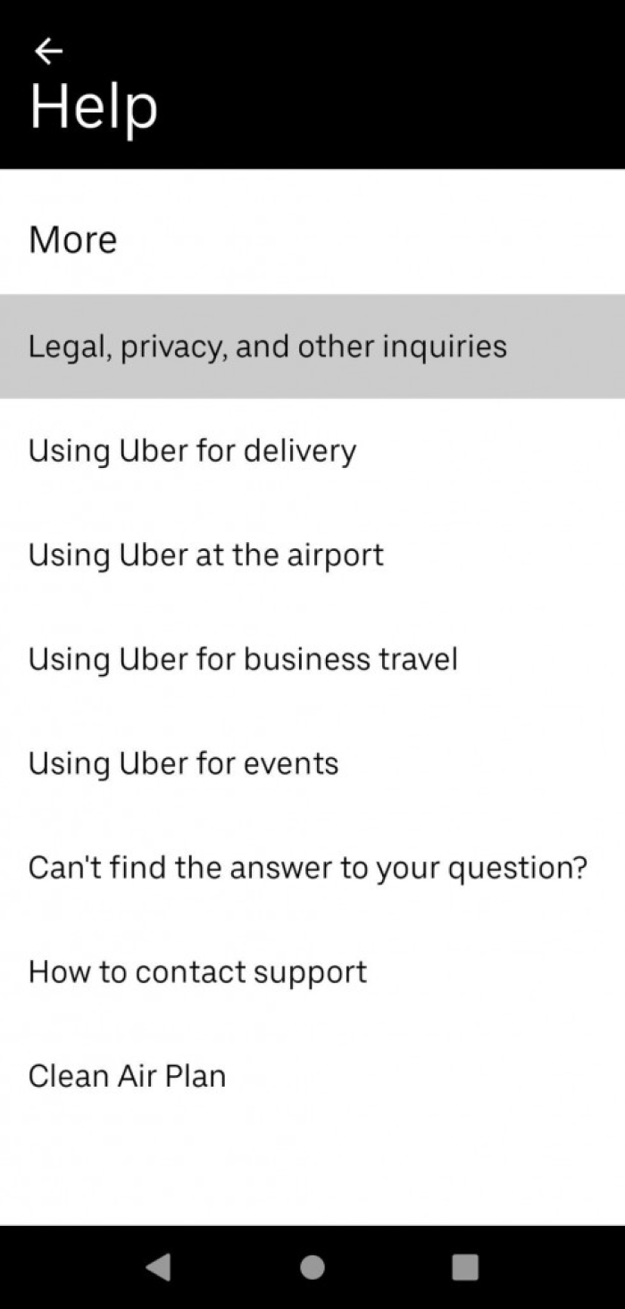 Image from Uber app showing where the 'Legal, Privacy and Other Requirements' are located