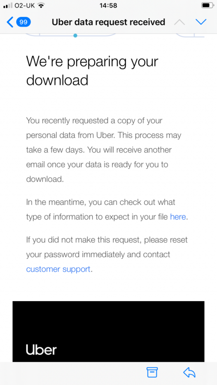 Image showing confirmation of data request sent to email