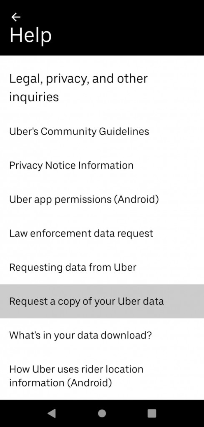 Images shows where to request your Uber data