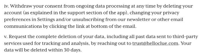 Screenshot of Clue’s Privacy Policy taken on 14 July 2022