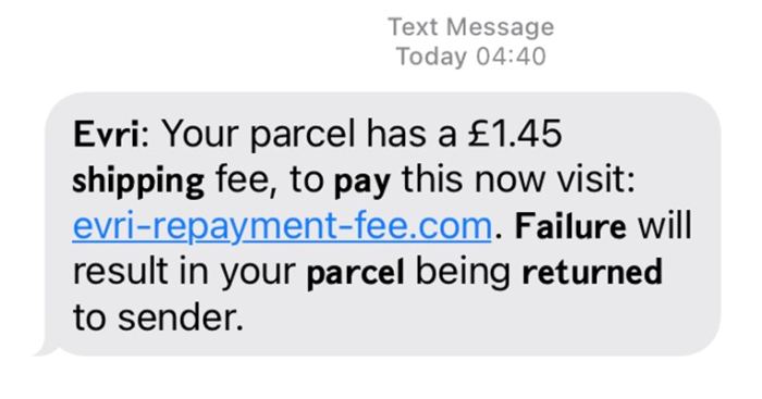 Example of fraudulent SMS impersonating a delivery company