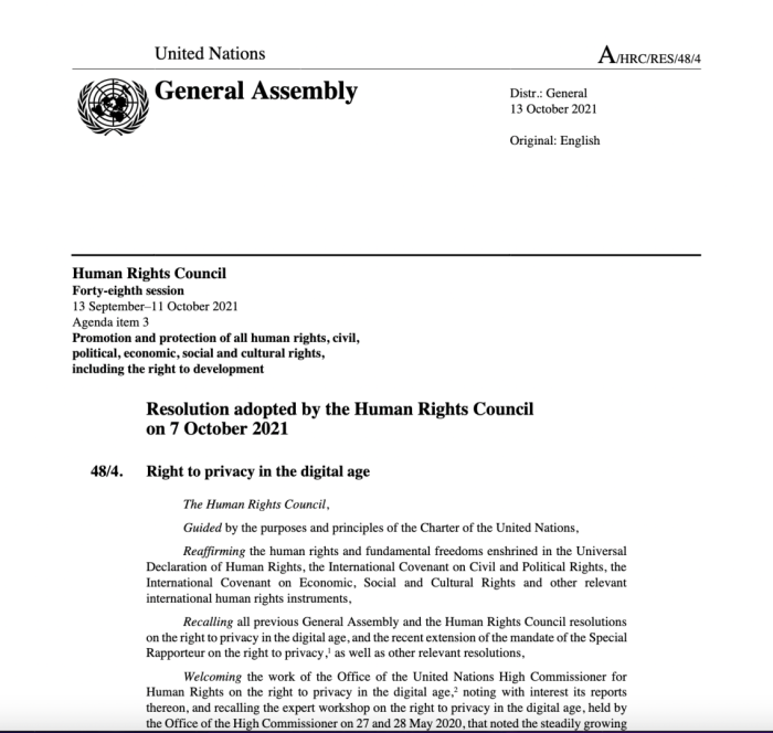 Document: UN Human Rights Council Resolution. Right to privacy in the digital age.