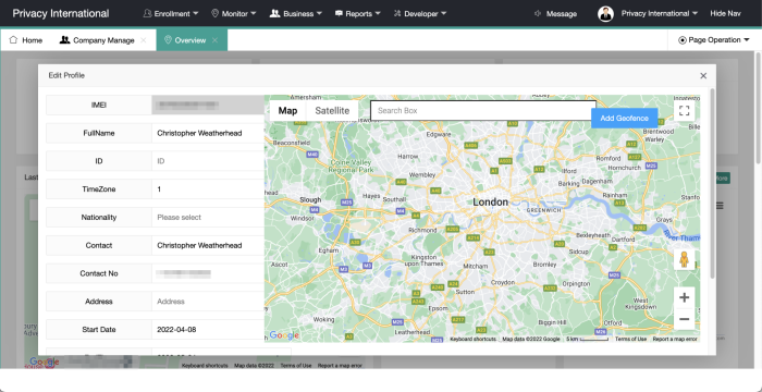 Screenshot of TR40 management portal